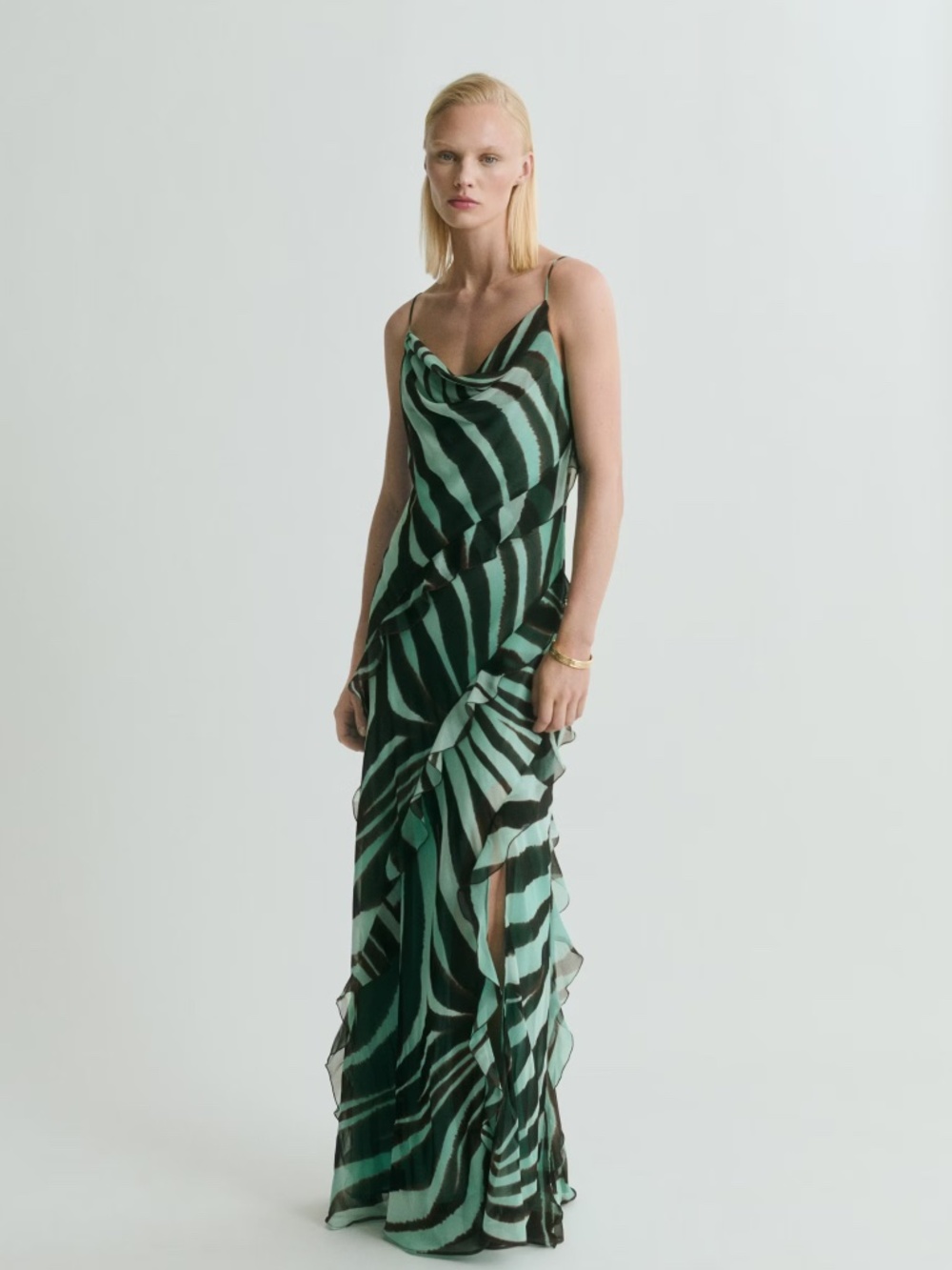 Mango zebra print ruffle dress in a green and black colorway